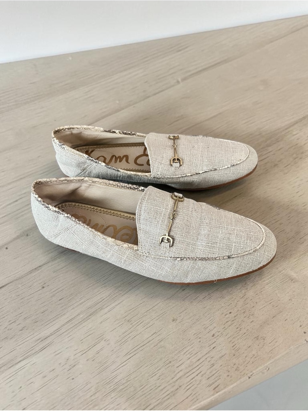 Sam Edelman Loraine Linen Horsebit Loafers Beige Snake Trim Sz 10.5M